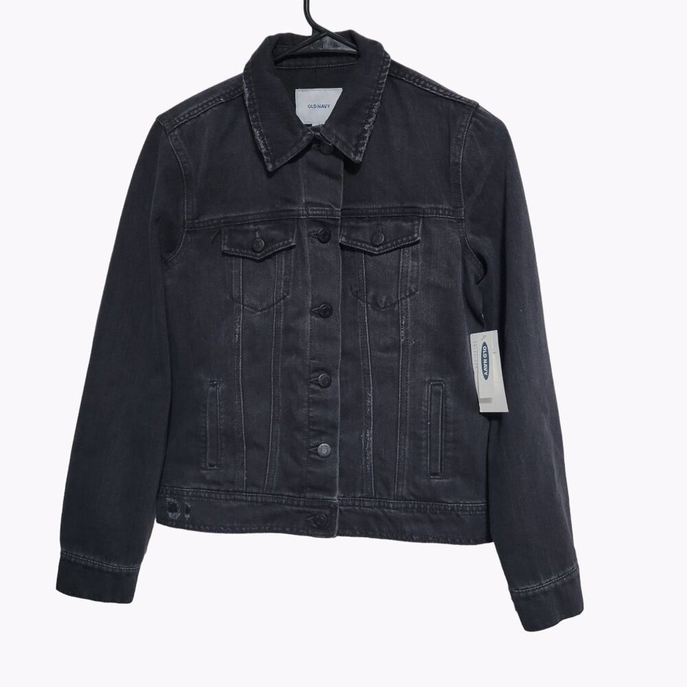 Old Navy Jean Jacket Womens Size Small Button Front Long Sleeve Black Denim Coat